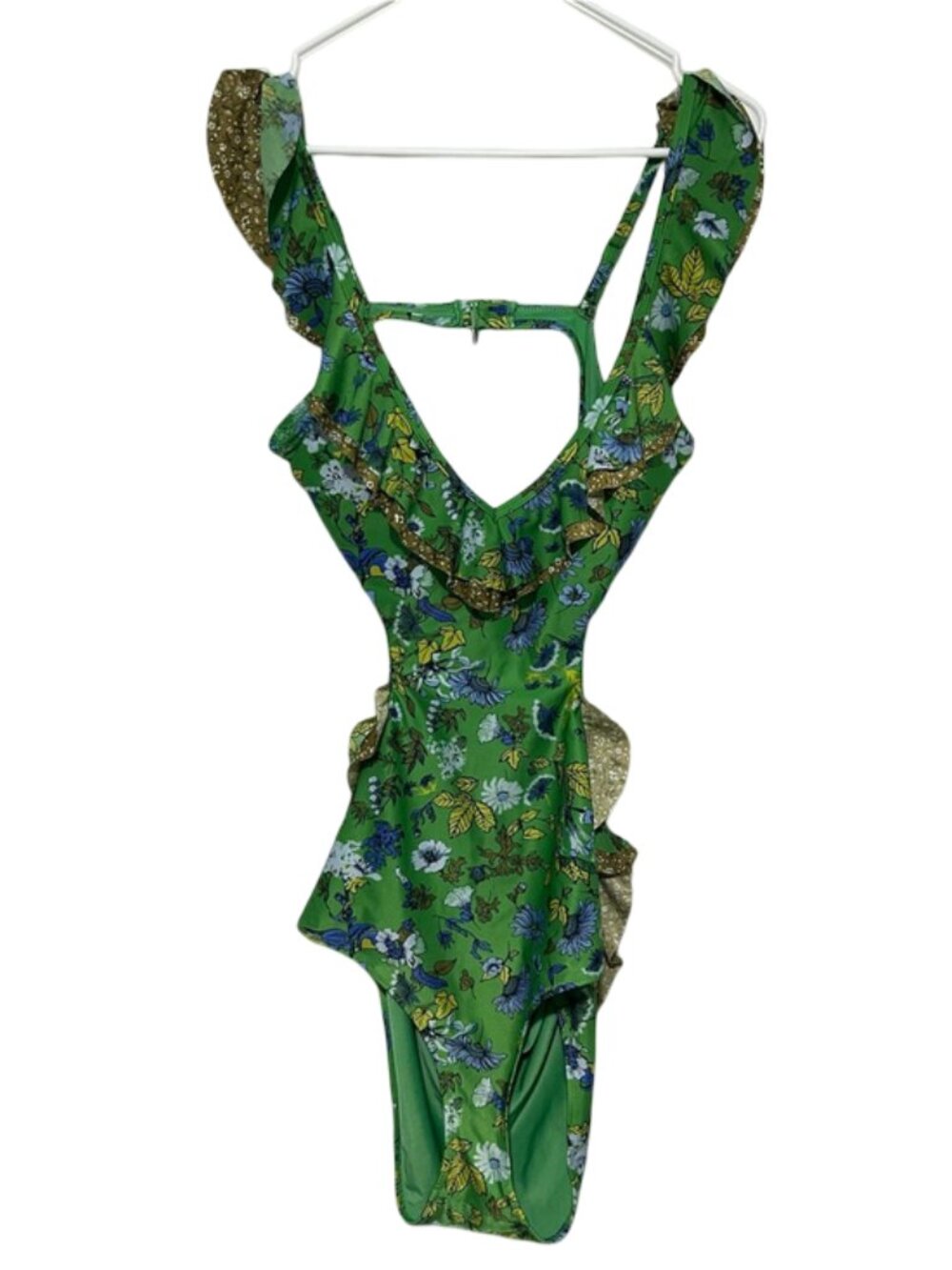Aerie Green Floral One Piece Side Cut Out Ruffle Swim Suit Size Large
